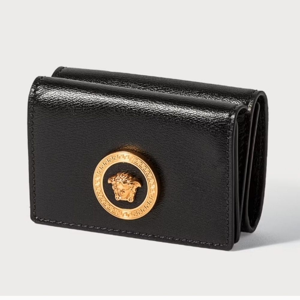 Versace Unisex Mini Trifold Black Calfskin Leather Wallet Gold Medusa